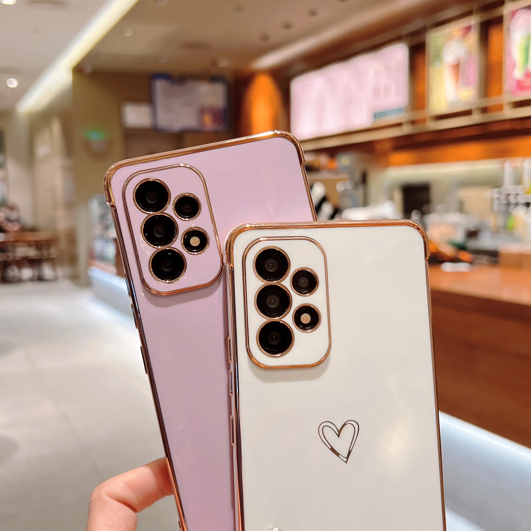 Plating Cute Love Heart Phone Case for Samsung Galaxy A12 A13 A52 A53 5G M12 F12 Airbag Shockproof Cover