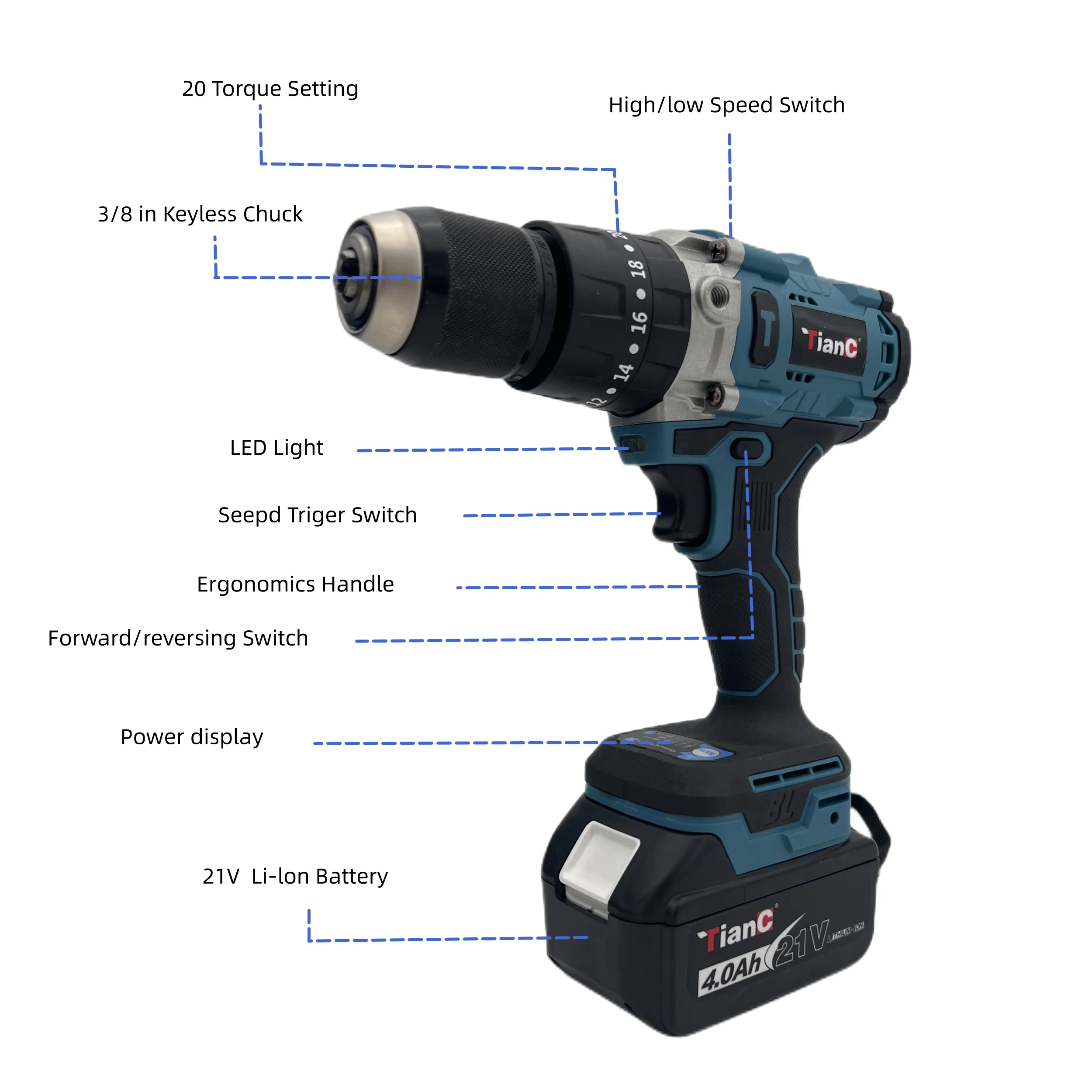 Portable Cordless Impact Drill Set 2-Speed Rechargeable Wireless Power Multifunction Lithium Electric Screwdriver Battery Source