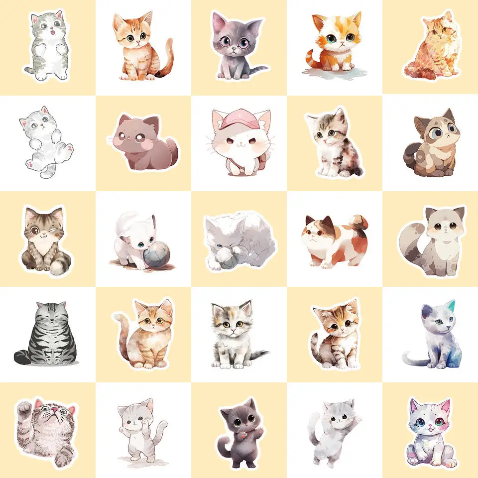 50Pcs Cute Plain Color Kitten Pet Graffiti Stickers For Bottle Notebook Laptop Waterproof Kawaii Kitty Sticker