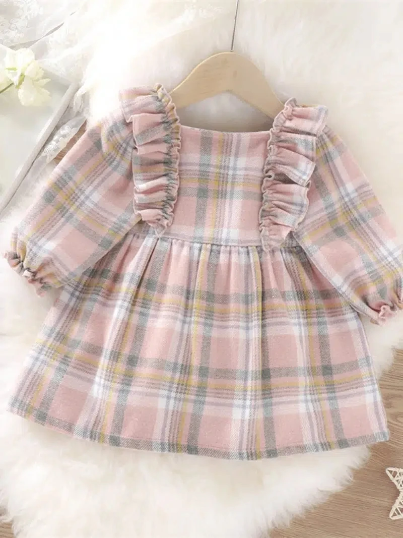 Full Sleeve Pleated Ruffle Princess Lovely Girls Dress Kids Frock Retro Style Children Fall Dress With Button