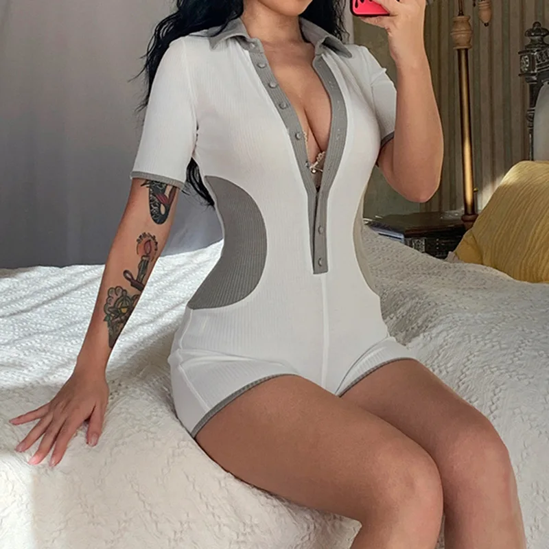 Simple Type Bibbed Bodycon Jumpsuit With Short Sleeves Polo Collar One Piece Shorts Jumpsuit