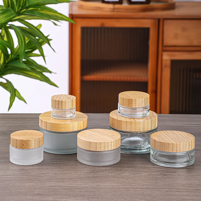 High Quality 5g 15g 30g 50g 100g Frosted Transparent Body Cosmetic Bottle Jars Set Cosmetic Container Glass Cream Jar With Bambo