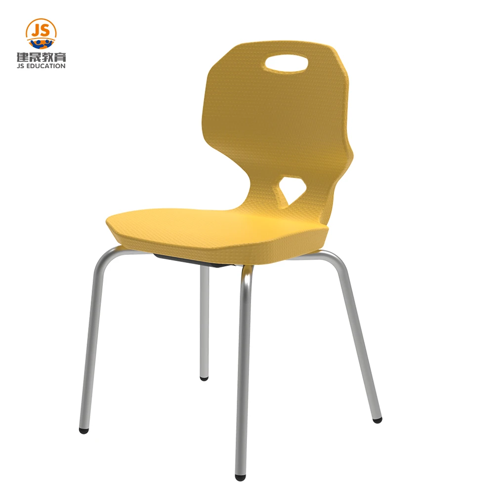 Single student chair with plastic shell and metal frame