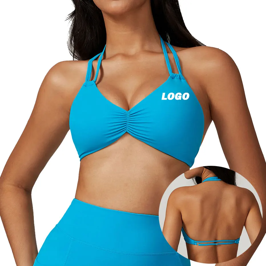 Solid Custom Padded Wholesale Women Halter Workout Sports Bras Front Scrunch Plus Size High Impact Fitness Running Bra Yoga Bras