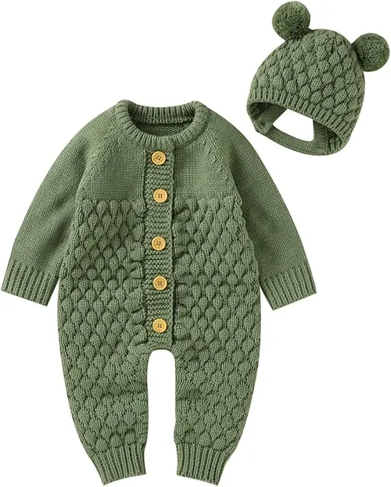 New Born Baby Wholesale Custom Clothes Set 0-3 Months Knitted Sweater Romper with Beanie Hat for kids