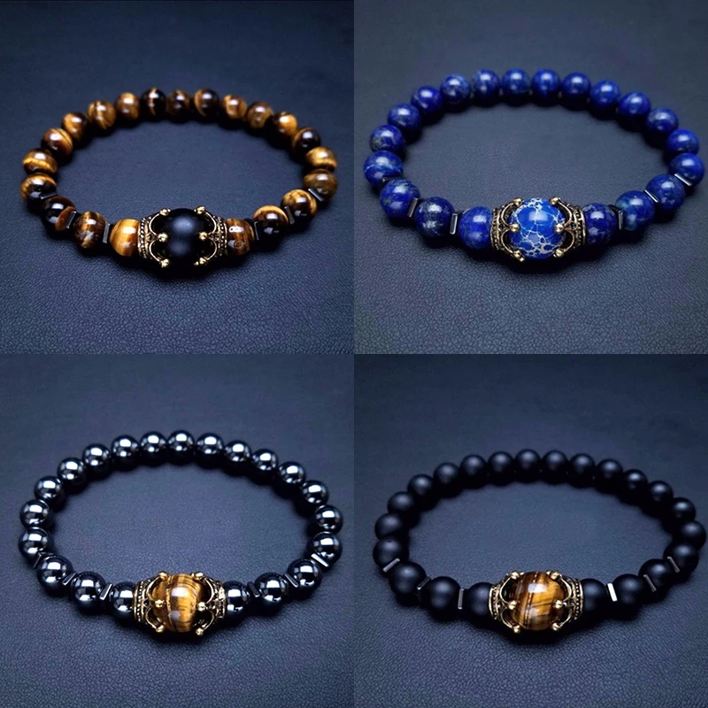 Wholesale Fashion Crown Natural Stone Beads Tiger eye Lava Lapis Charm Bracelets For Men Can be customized