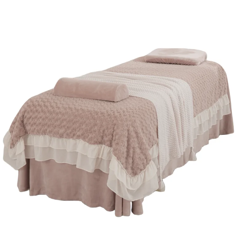 Factory price Pink 3D Floral Rose quilt Autumn winter Sweet Princess hemline designs beauty salon sheet set