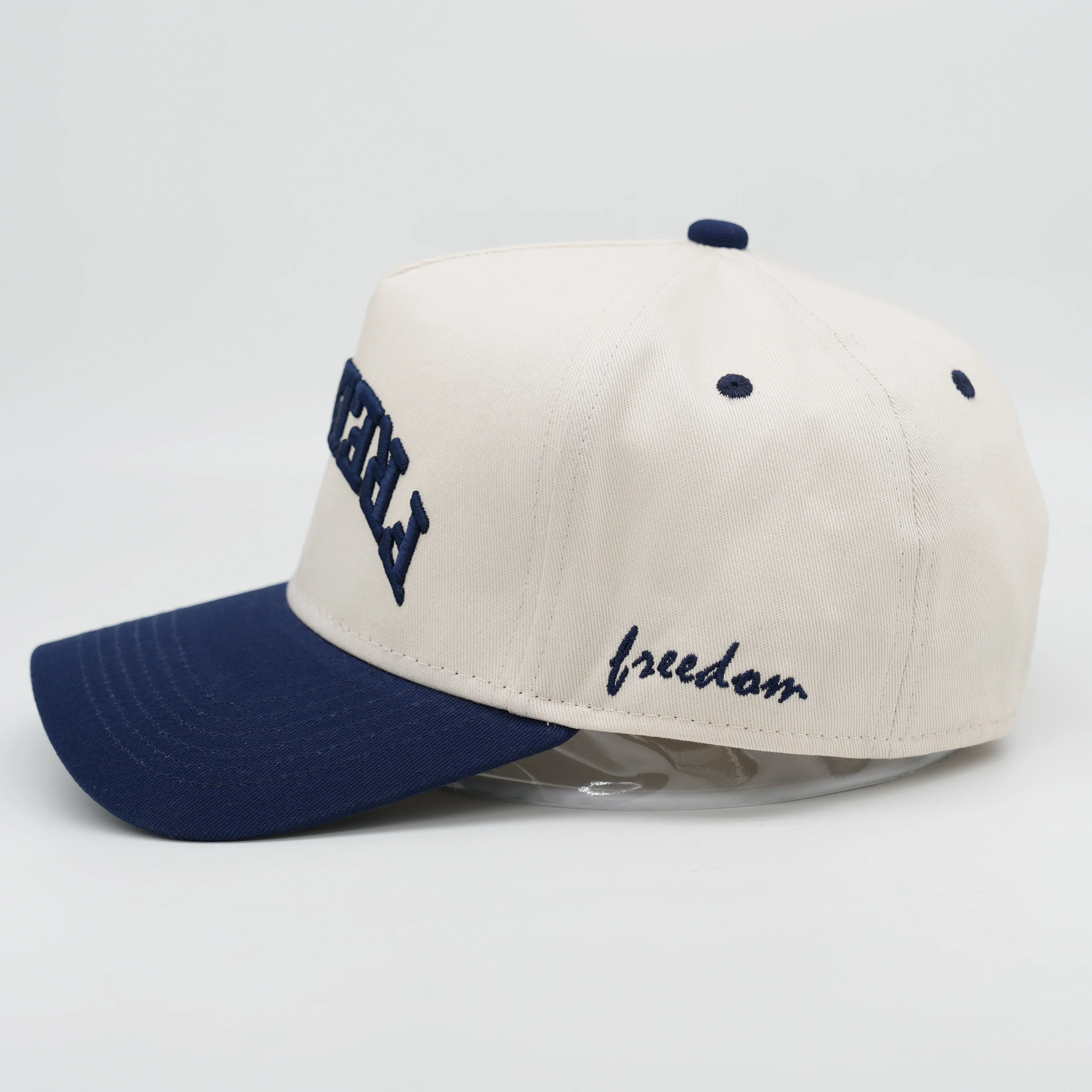 Oem Custom High Quality 5 Panel A Frame 3d Embroidery Logo Navy Beige Color Two Tone Baseball Cap Snapback Hat For Man