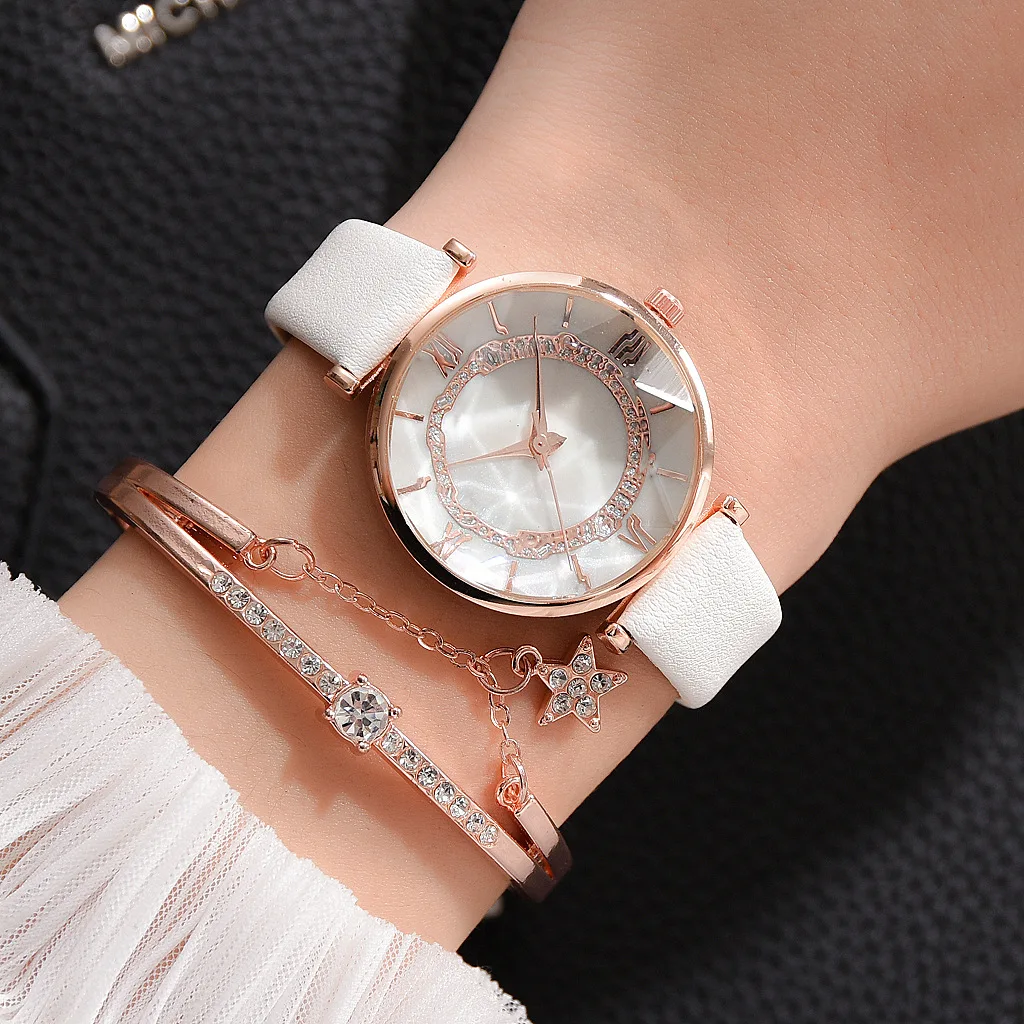 Hot-selling ladies watch set PU fashionable ladies quartz watch with Disc Roman scale