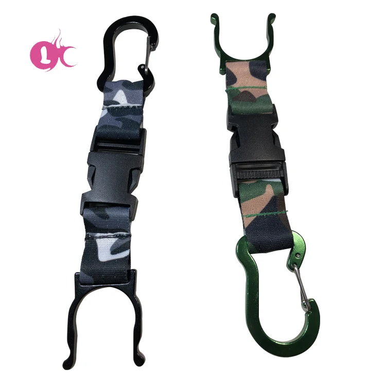 Factory supplier outdoor Aluminum water bottle hanger buckle hook holder carabiner plastic clip with nylon belt