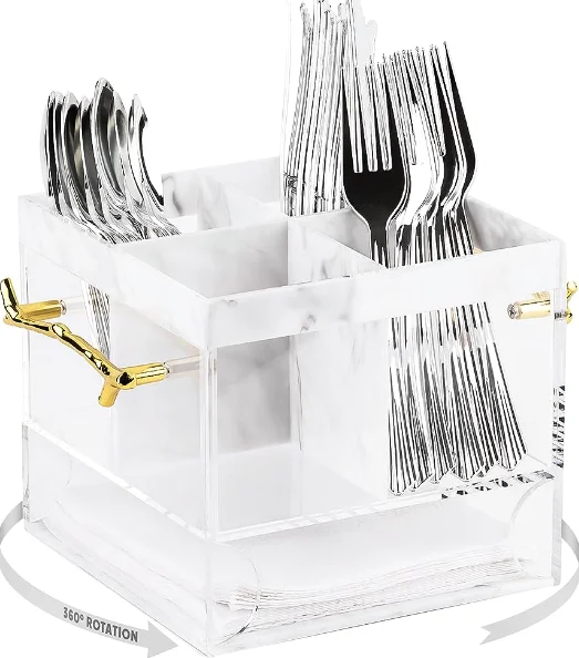 Utensil Holder for Party, Silverware Caddy with Handle, Swivel, Lucite Acrylic Organizer for Spoons, Forks, Knives