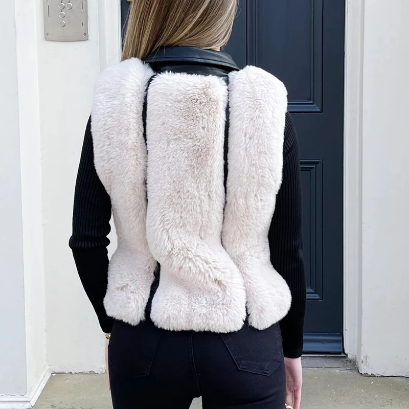 New Moto Biker Notched Women Vests Women Elegant Faux Fur Patchwork PU Leather Coats Women Zipper Slim Vests
