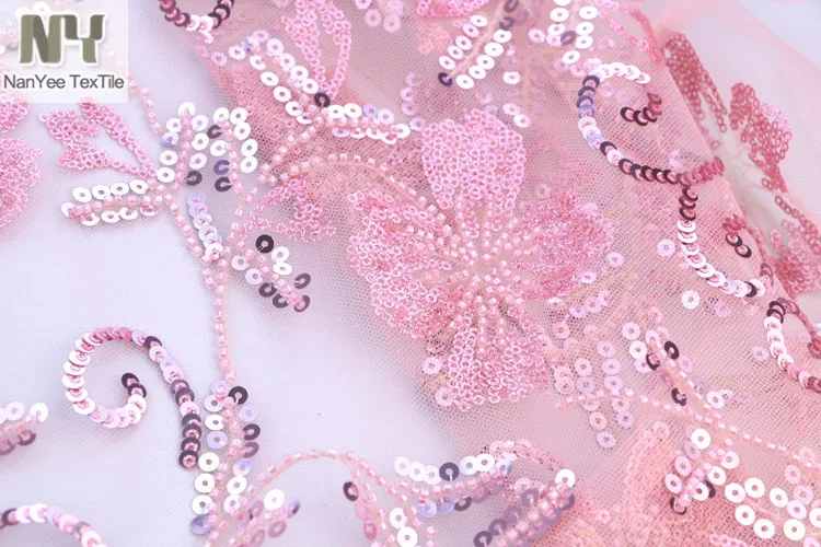 Nanyee Textile Luxury African French Lace Embroidery Light Pink Floral Beads Fabric For Dress