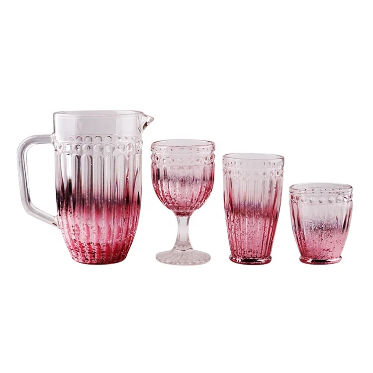 Telsen Handmade Vintage Embossed Pink Roman Column Pressed Wine Glass Set Hi ball Tumbler Jar For Wedding