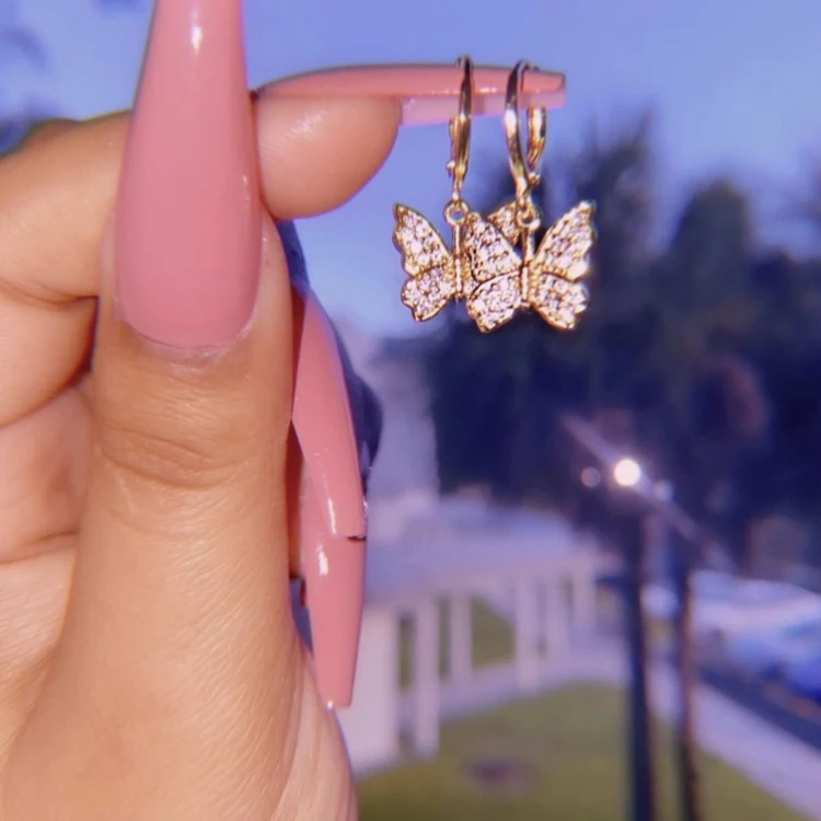 
Hot Style Women Gold Plated Butterfly Diamond Earrings Rhinestone Butterfly Hoop Earrings 