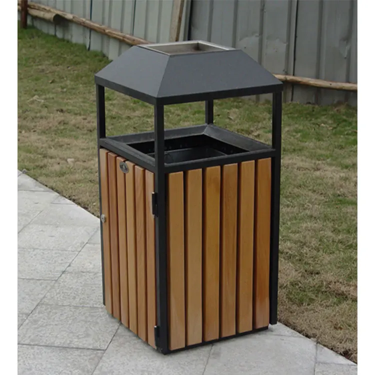 Factory Wholesale wood outdoor ashtray trash bin garden decorative big waste container patio wooden standing dustbin