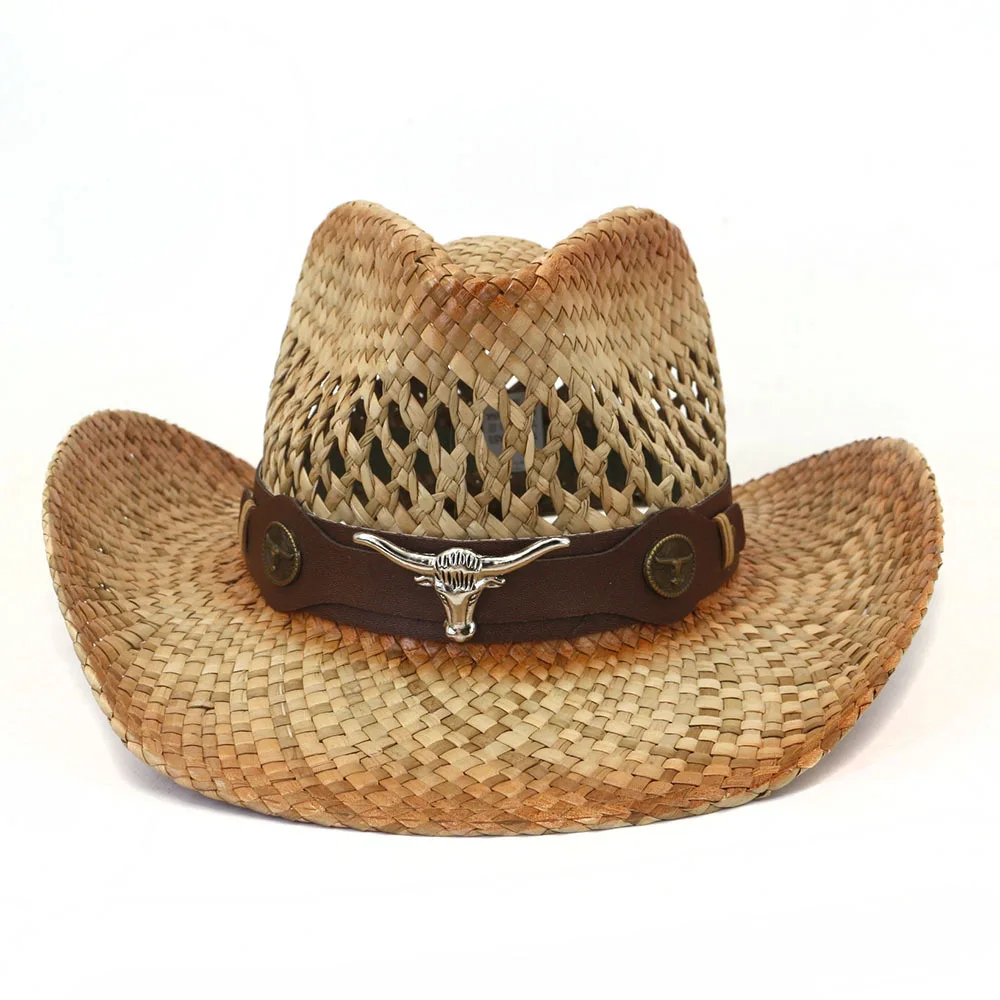 Metal Logo Leather Strap Decorated Mens Boho Western Cowboy Hat Salt Straw Hat