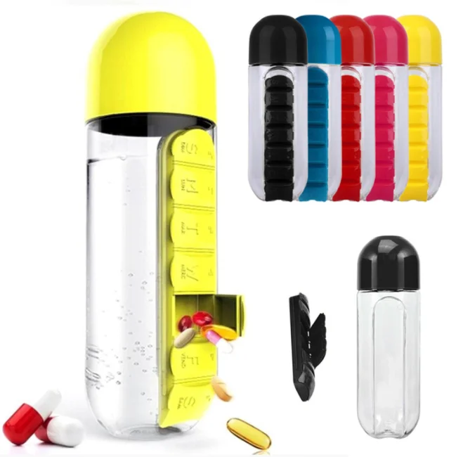 NB-BLUESKY Water Bottle with Pillbox Plastic Drink Bottle with Travel 7 Days Drug Organizer 2 in 1 Pill Box Water Bottle