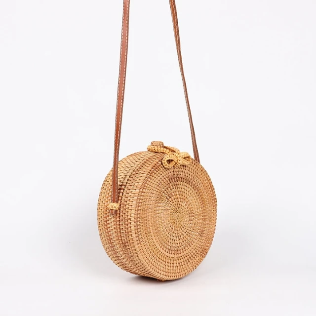 Factory Price High Quality Handwoven Round Rattan Wicker Woven Bag  with Leather Strap Crossbody Women Bag made in Vietnam