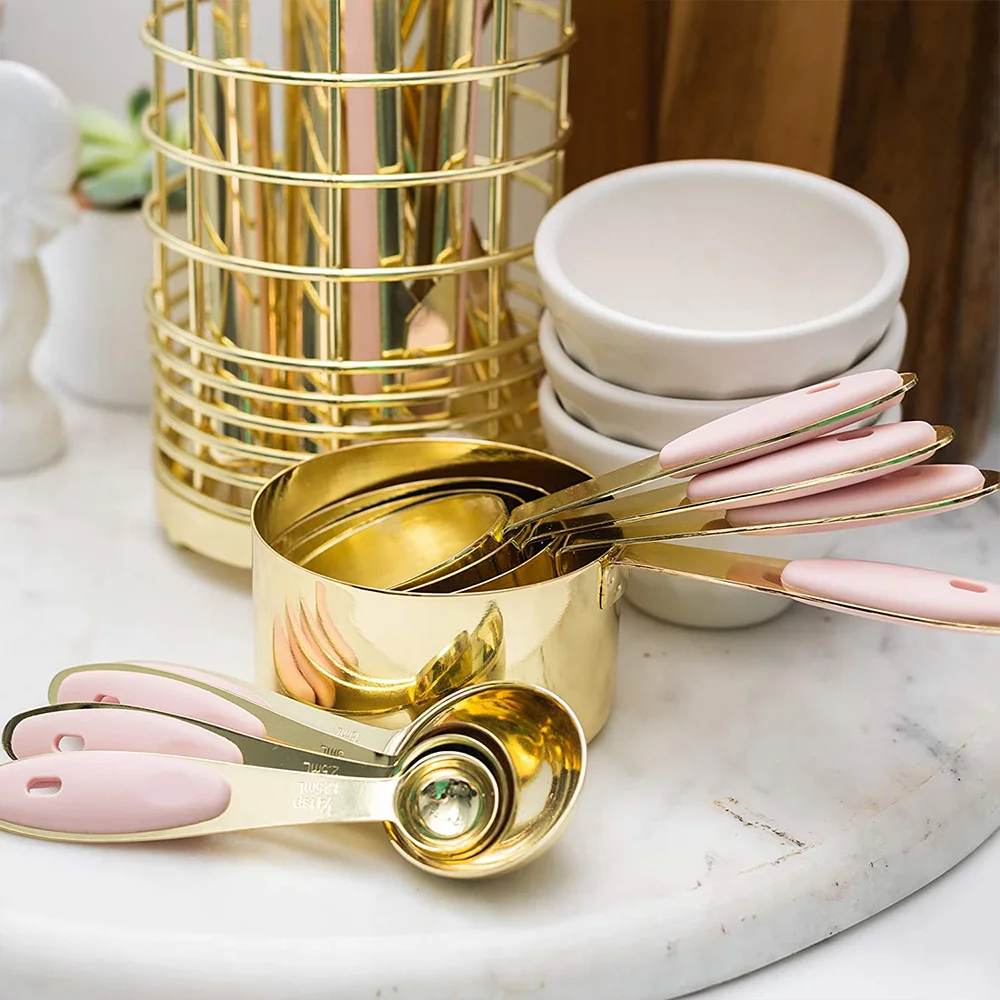 Rose gold Stainless Steel brass metal kitchen cooking measuring spoon and cup with Pink handle spoons cups of coffee espresso