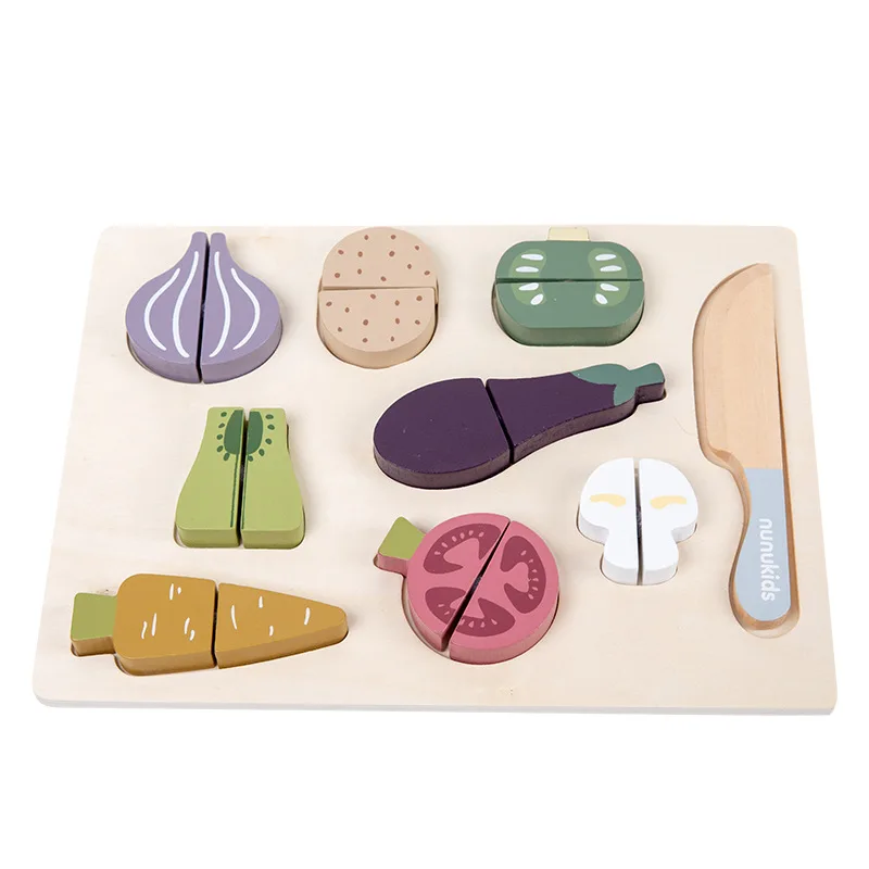 Wholesale Dropshipping Flat Vegetable Cutting Fruit Set Wood Play Food Kitchen Accessory Wooden Toys