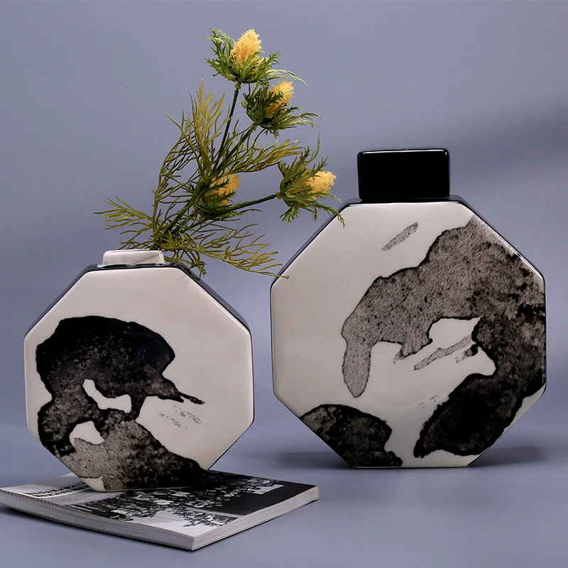 Chines Luxury Octagonal Flat Vase Chinese Ink Painting Decorative Ceramic Jar for Storage And Decoration