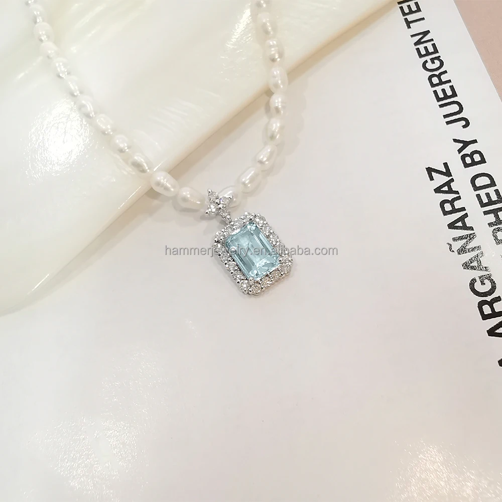 Luxury 18k Real Gold Emerald Shape  Aquamarine Pendant With Rice Pearls Necklace Charm Fine Jewelry Choker