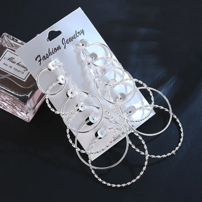 New Fashion Simple Retro Design 12 Pieces/Set Personality Alloy Gold and Silver Exaggerated Metal Large Ring Earrings Set Female