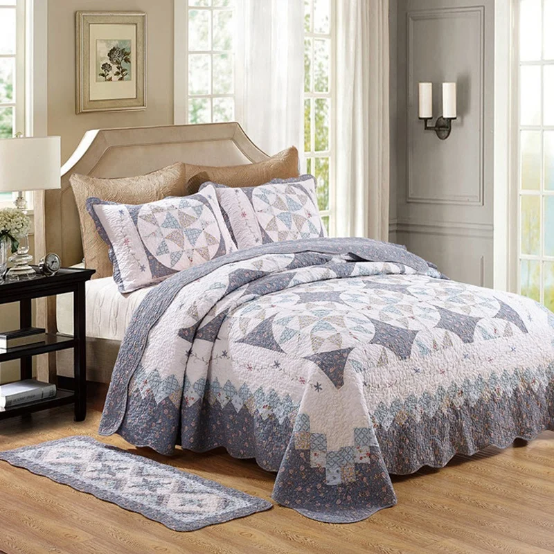 New popular  king size fitted washable cotton patchwork bedspread set