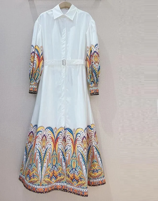100%Cotton Long Dress 2024 Spring Fashion Style Women Turn-down Collar Vintage Prints Long Sleeve Elegant Long White Dress Maxi