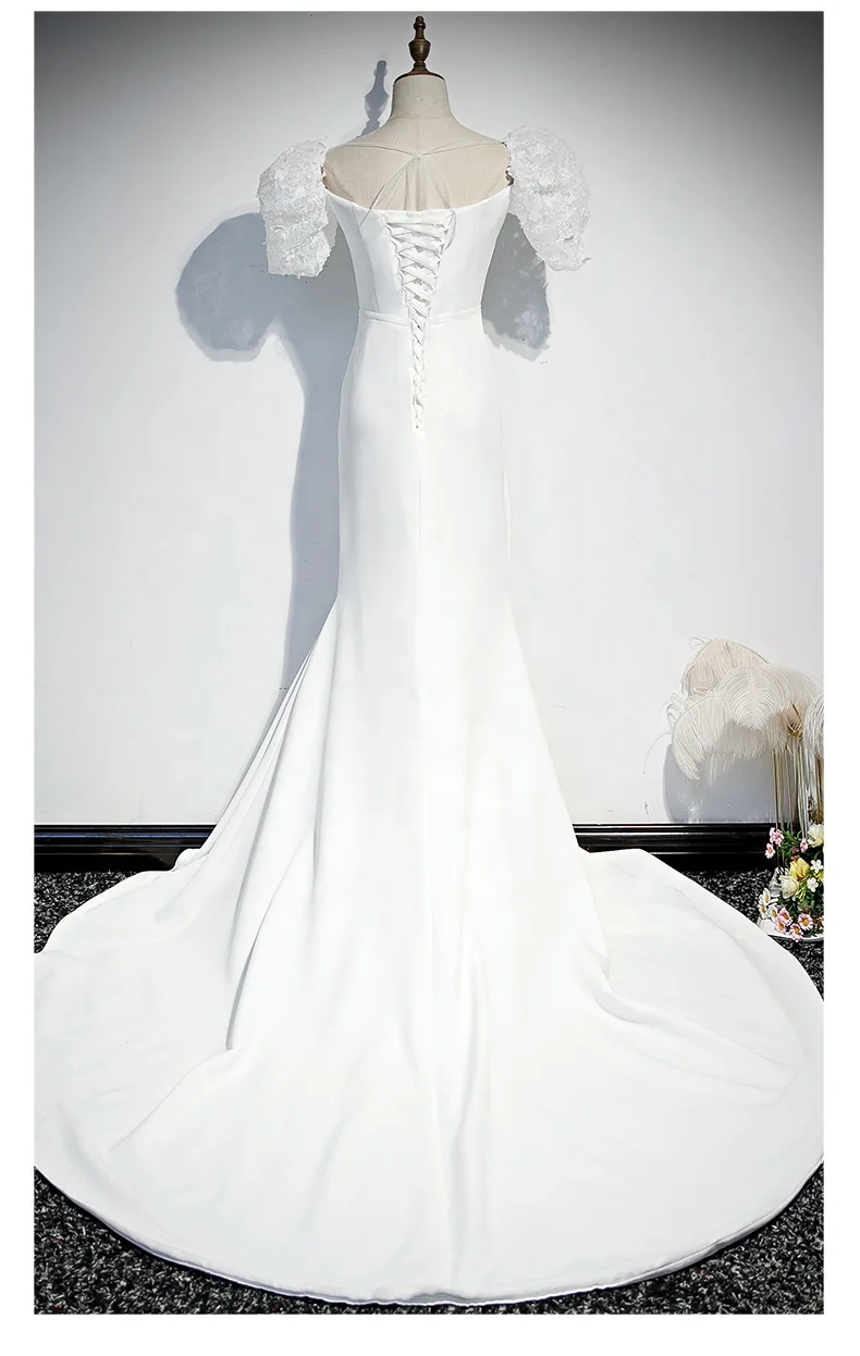 Elegant Short Sleeve Open Back Glass Crystals Beading Long Train Mermaid Wedding Dress white bridal gown