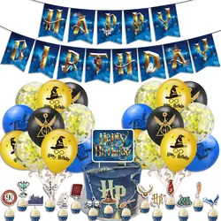 New Harry Potter Party Decoration Happy Birthday Paper Banner Wizard Witcher Hat Glasses Latex Balloon Cake Topper Set