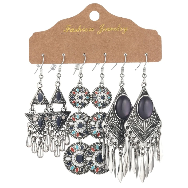 Bohemian Vintage Earings Sets Alloy Enamel Flower Tassel Combo Set Earrings Antique Silver for Women Zinc Alloy Vintage Jewelry