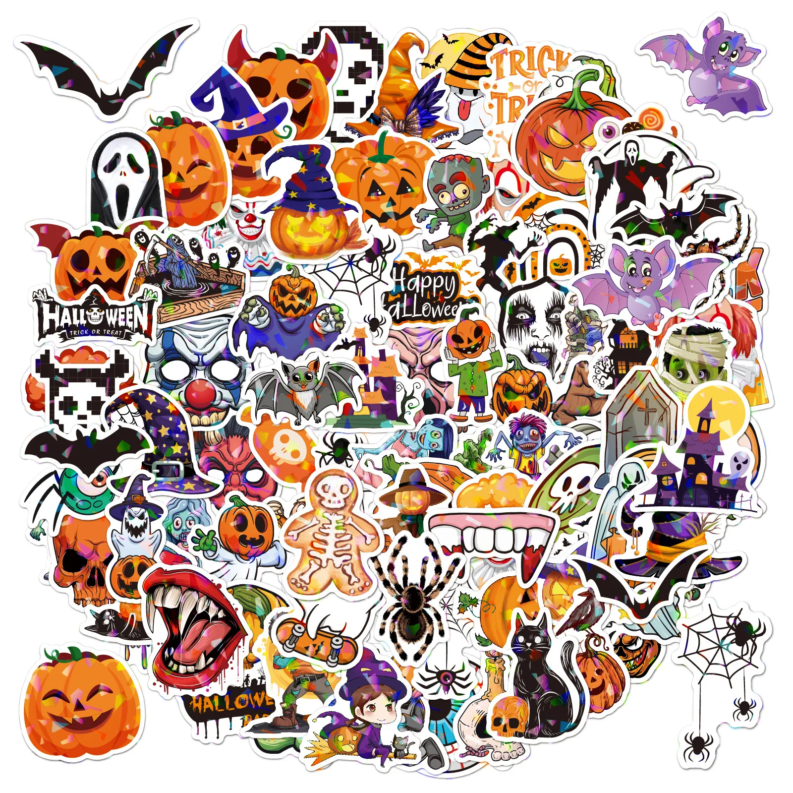 Holographic Shiny Halloween Vinyl Cartoon Stickers 100 pcs for Water Bottles Laptop Bumper Skateboard Sticker