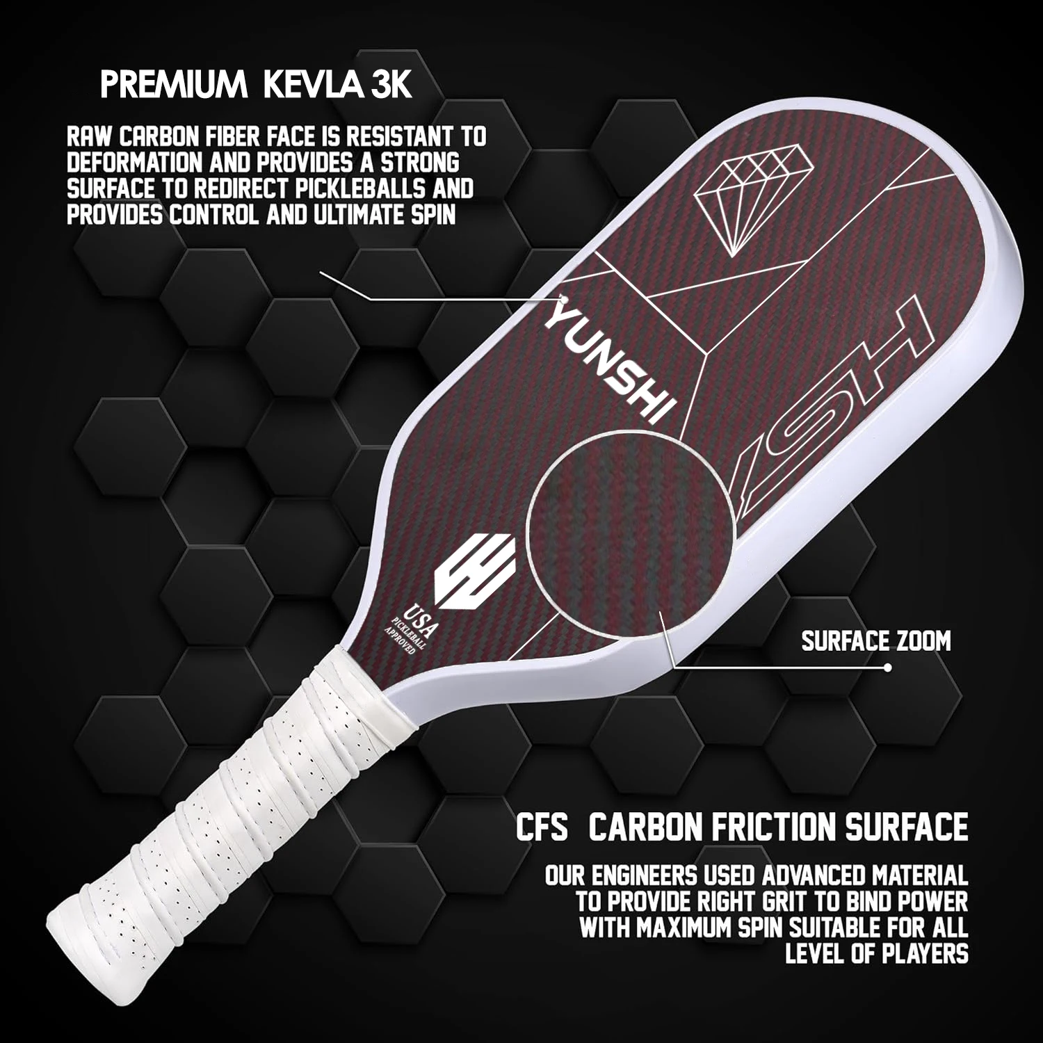 2024 New Style 3K Red Black Kevlar Texture Carbon Fiber 16mm Pickleball Paddle