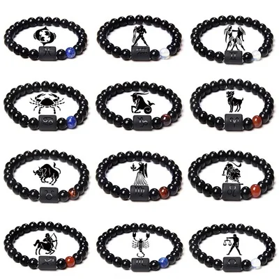 12 Zodiac Seven Chakra Healing Elastic Natural Stone Good Fatigue Resistance Black Agate Onyx Stone Beaded Bracelet For Men