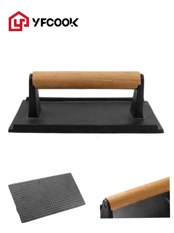 Hot Sell Customized 21CM Rectangular Shape Cookware BBQ Bacon Press Cast Iron Grill Press with Wooden Handle