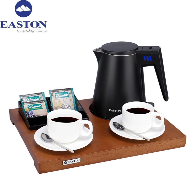 Elegant design hotel guest room coffee table set black kettle with matching holding tray