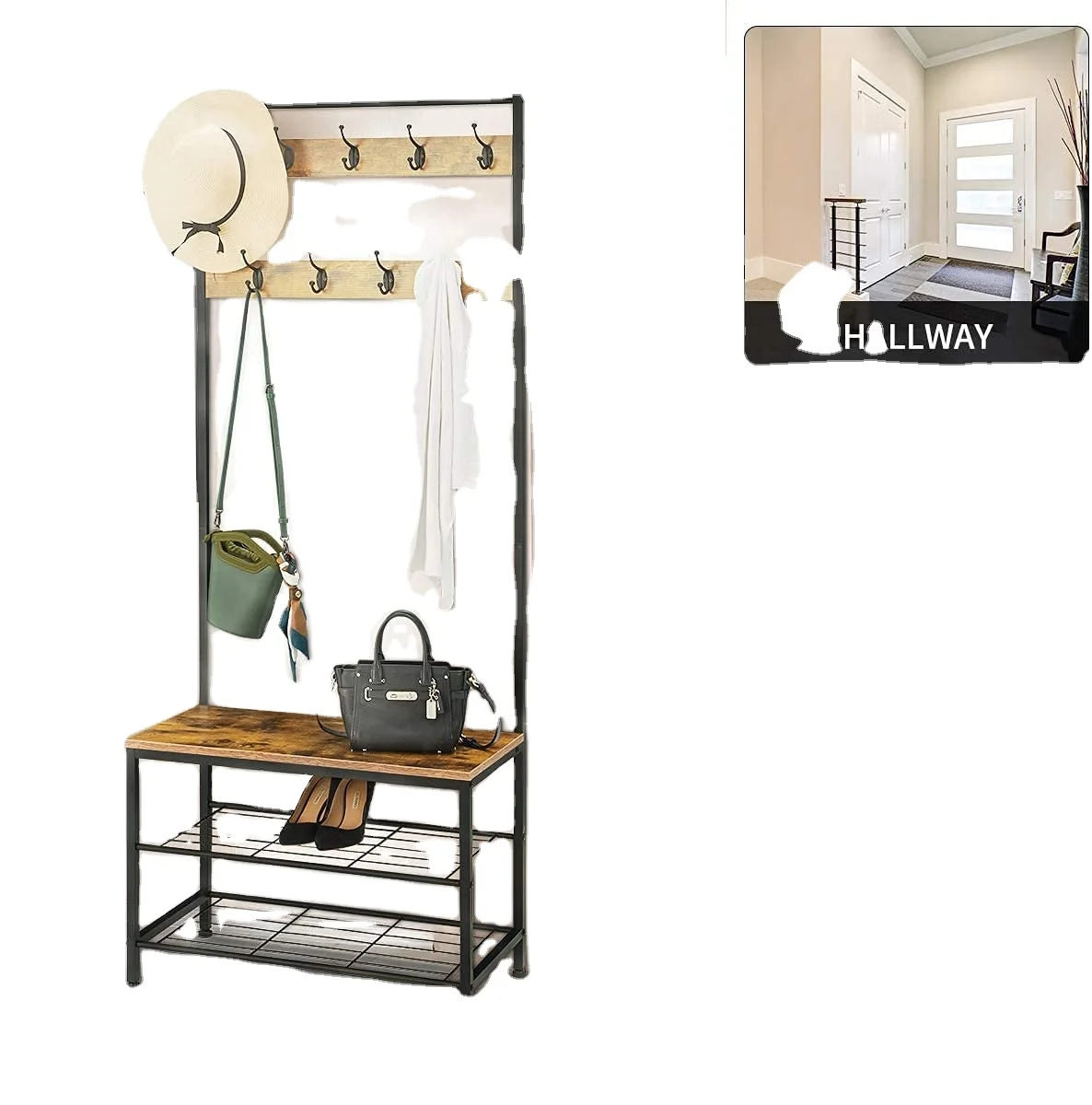 
Industrial Coat Rack Entry Bench With Coat Rack 3 in 1 Design Easy Assembly 9 hooks Wood Look Accent Furniture Metal Frame 