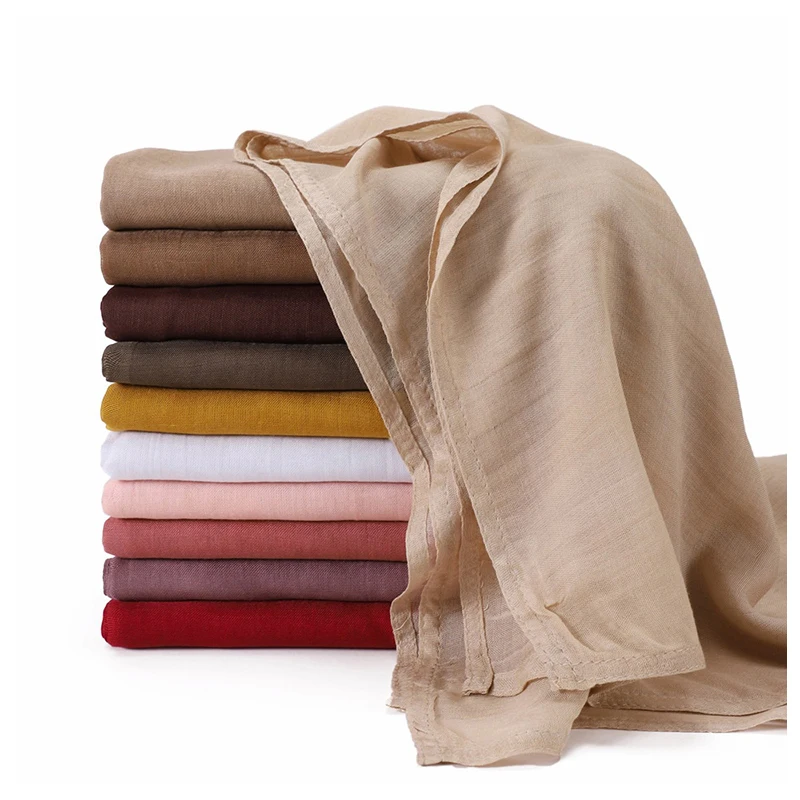 Muslim Headdress Cotton Plain Colors Hijab Muslim Fashion Scarf Shawl Double Stitches Lightweight Trim Viscose Women