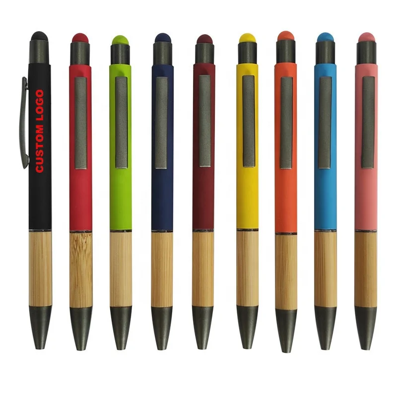 Wholesale eco friendly customise logo printed metal stylus capacitive pen with bamboo grip
