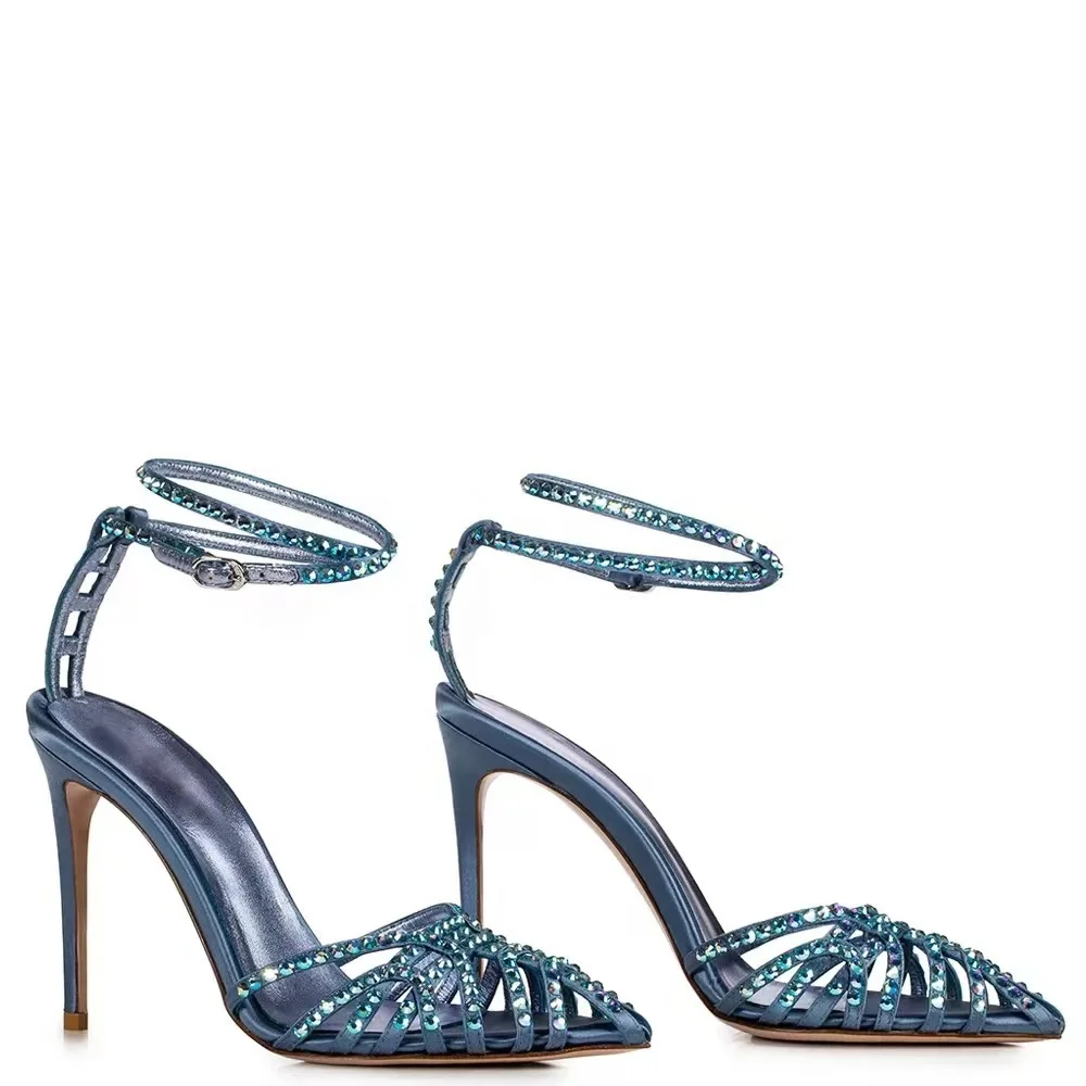 Ladies sandals summer blue satin ladies pumps 2022 sexy diamond pointed toe ankle strap heeled sandals