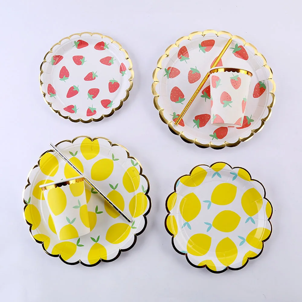 wholesale Birthday/party/festival celebration round plate Party dinner set lemon strawberry disposable paper cup paper tray set