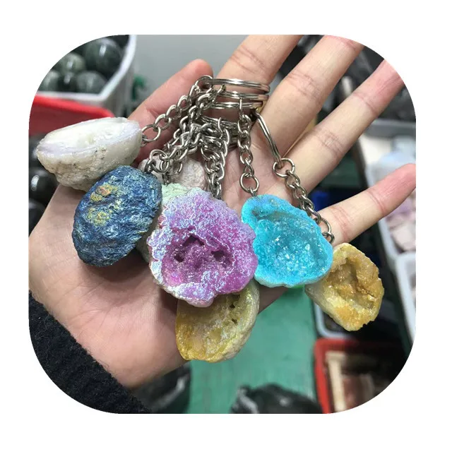 New arrivals crystals crafts healing stones natural Titanium aura agate geode key chains for gift
