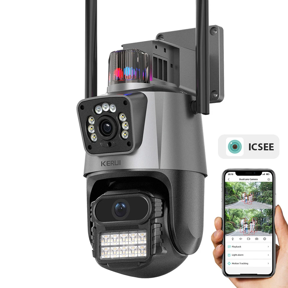 KERUI Icsee 2k 4mp Wifi Outdoor Security Camera Double Lens Hd Wireless Ptz Video Surveillance Ip Camera