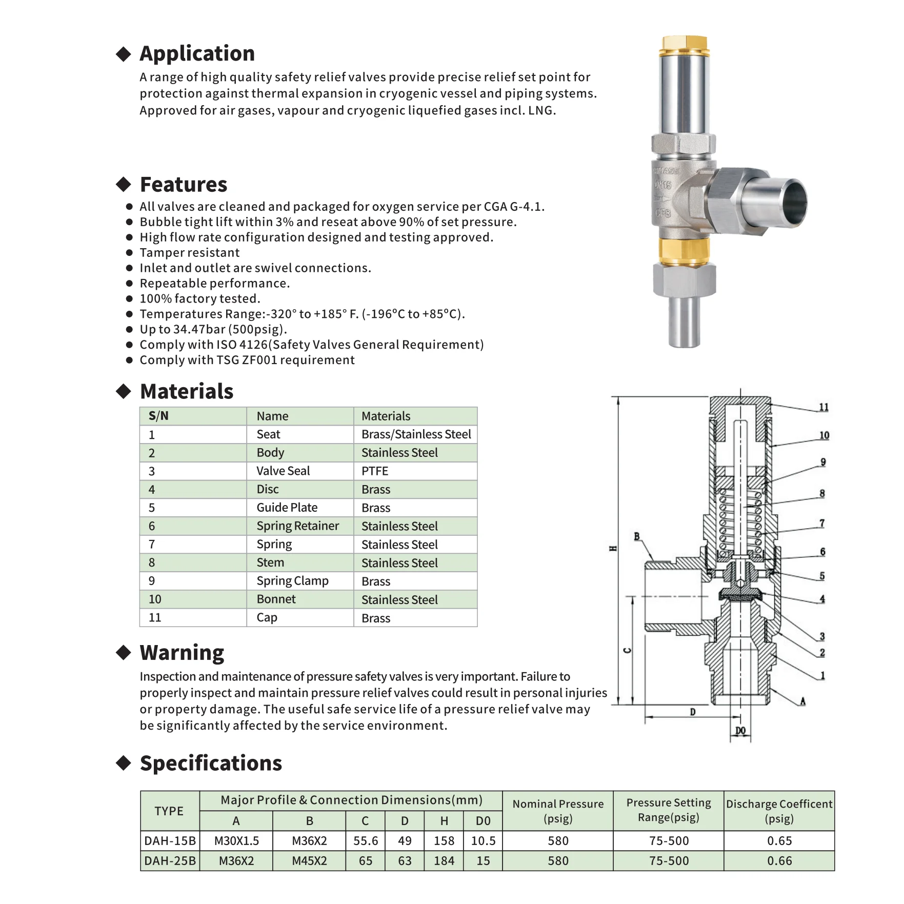 DA22F-40P High Quality Safety Relief Valves Precise Set Point Protection Thermal Expansion Cryogenic Vessel Piping Systems