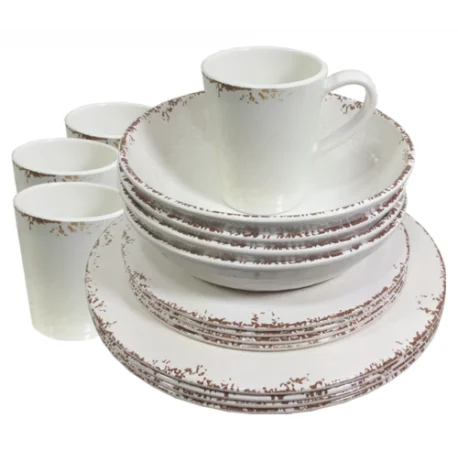 
wholesale EU food grade 16 pieces hard plastic reusable melamine cream rustic vintage round dinner plate bowl dinnerware set 