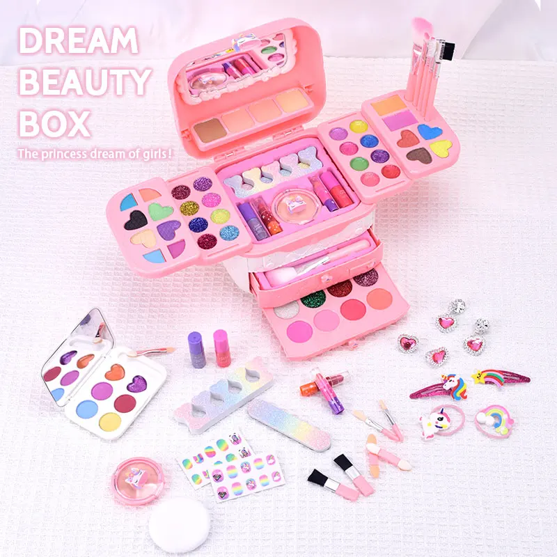 72PCS Kids Makeup Kit Washable Real Make Up Set Pretend Play Preschool for Kids Girl With Makeup Tools Brush Set