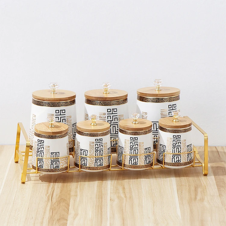 Home Kitchen Luxury Gold 7pcs Round Tea Coffee Sugar Salt Storage Jar Ceramic Spice Canisters Set with Bamboo Lid