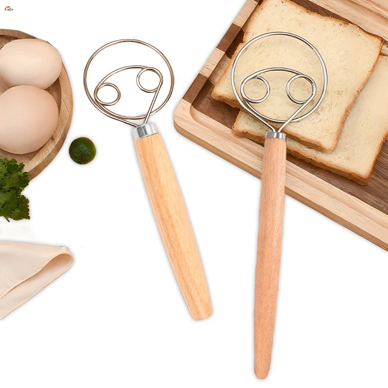 XL Baking Tools Cake and Pastry Wooden Handle  Stainless Steel Bread Danish Dough Whisk Blender Dutch Bread Mixer